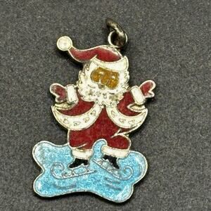 Vintage Wells Sterling Silver Skating Santa Pendant Charm Cloisonné Enamel